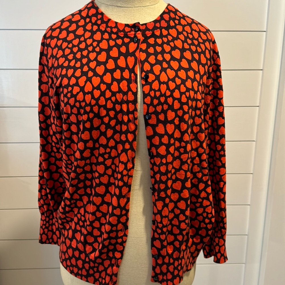 J. Crew Red and navy Heart-Print Cardigan